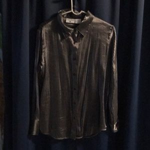 Silver long sleeve blouse w/black vertical stripes